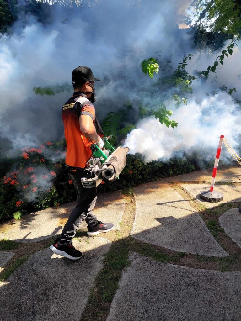 jansen pest control dumaguete Jansen Pest Control technician fogging a garden in Dumaguete with eco-safe mosquito control equipment