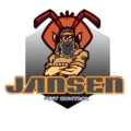 Logo for Jansen Pest Control Dumaguete featuring a confident, muscular man with a beard and crossed arms, dressed in overalls, standing in front of a stylized red ant. The word “JANSEN” appears in bold orange and gray letters, with “PEST CONTROL” in smaller white text below. The design conveys strength, reliability, and expertise in pest management.